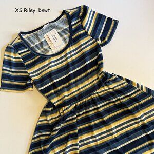 XS Lularoe Riley maxi dress, blue, white, yellow stripes